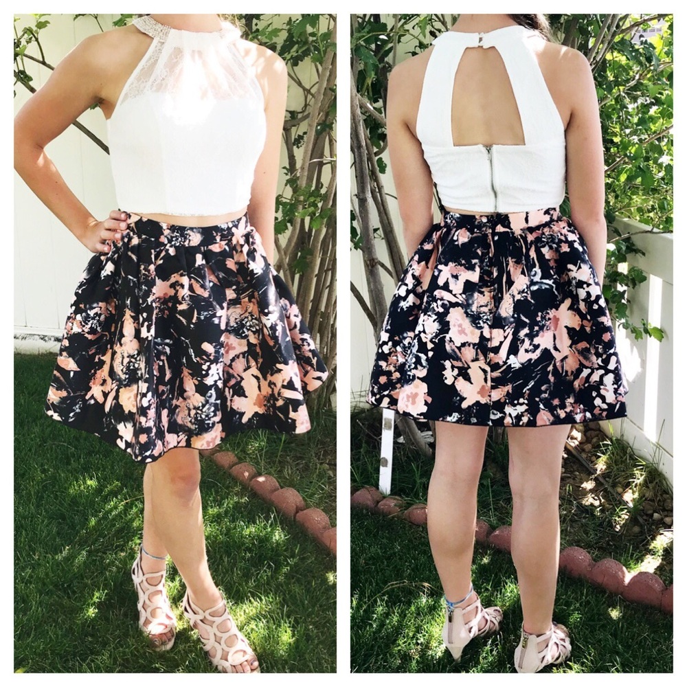 Speechless lace-contrast floral skirt 2 pc dress